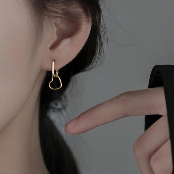 925 Sterling Silver Heart Drop Earrings Hoop for Women Teens Minimalist U Hoop E - Picture 2 of 7